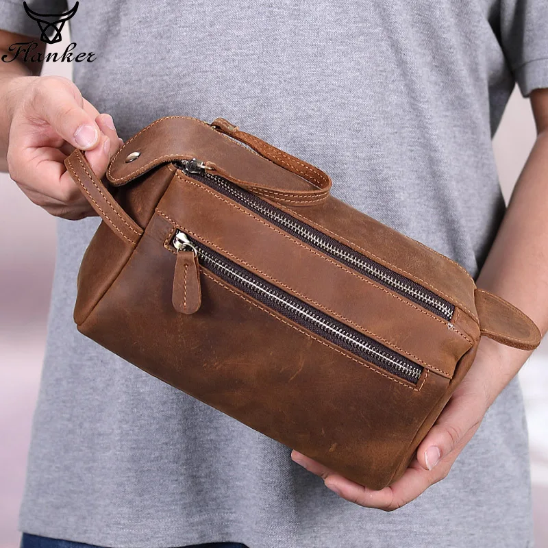 

Flanker crazy horse leather men cosmetic bag casual wash bag travel makeup bag double zipper man toiletry case with phone pocket
