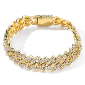 

Men's Cuba Bracelets & Bangles Hand Thick Chain 14MM Wide Shiny Big Gold Bracelet Fashion Men Jewelry with AAA CZ Stone