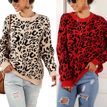 

Autumn Winter Womens Loose Knit Long Sleeve Baggy Ladies Pullover Top Leopard Oversized Sweater Jumper Blouse Tops