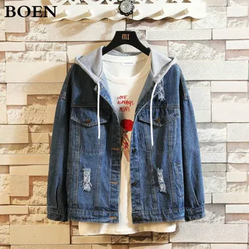 

2020 Men Denim Jacket Hooded Hip Hop Men's Casual Button Denim Jackets Hoody Spring and Autumn New Slim Men's Denim Clothing