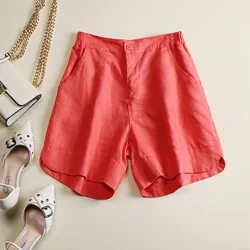 Women Summer Fashion Korea Style Solid Color Linen Simple Harajuku Wide Leg Breathable Shorts Female Casual Half Length Shorts
