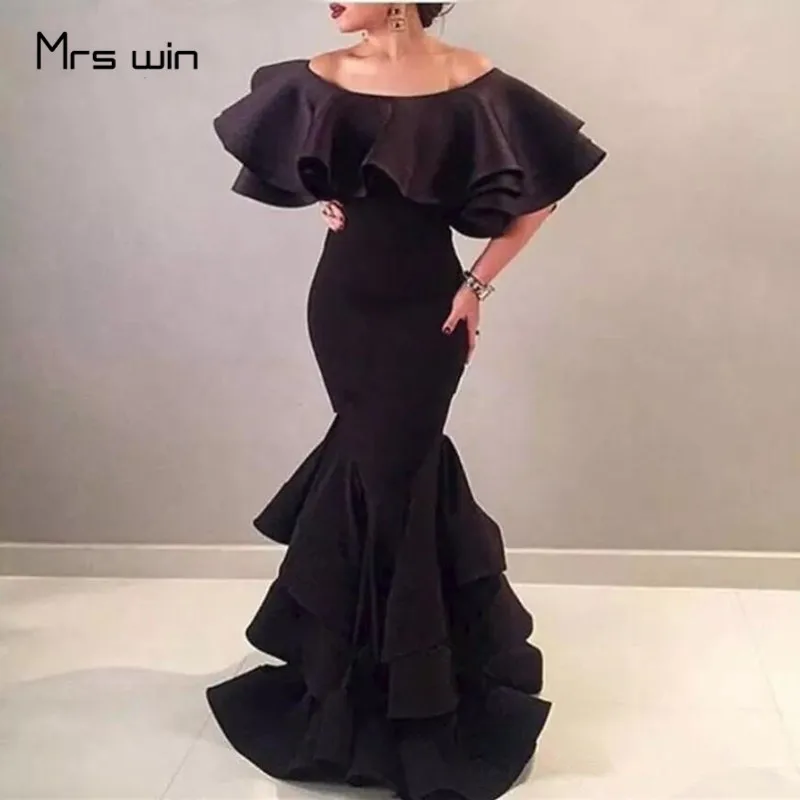 Mrs Win платья для матери невесты черные многоуровневые платья с оборками и короткими рукавами для выпускного вечера HR377 платья для мам с открытыми плечами