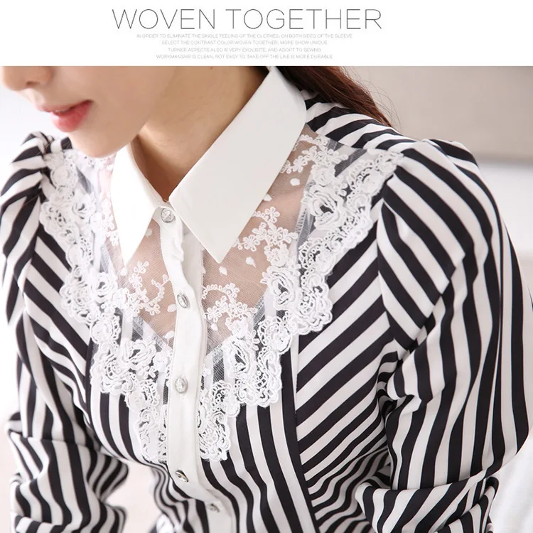 New Women Lace Spliced Embroidery OL Blouses Tops Feminine Slim Shirt Korean Fashion Stripe Tops Plus Size 4XL satin shirts for women