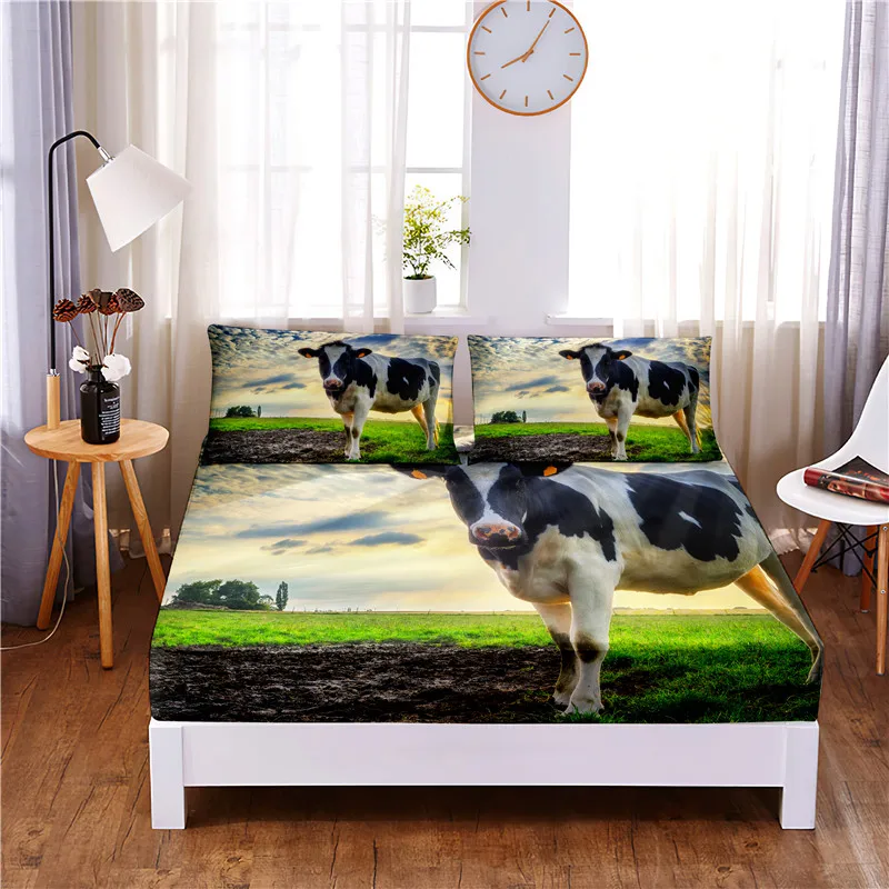 

Cow Digital Printed 3pc Polyester Fitted Sheet Mattress Cover Four Corners with Elastic Band Bed Sheet Pillowcases