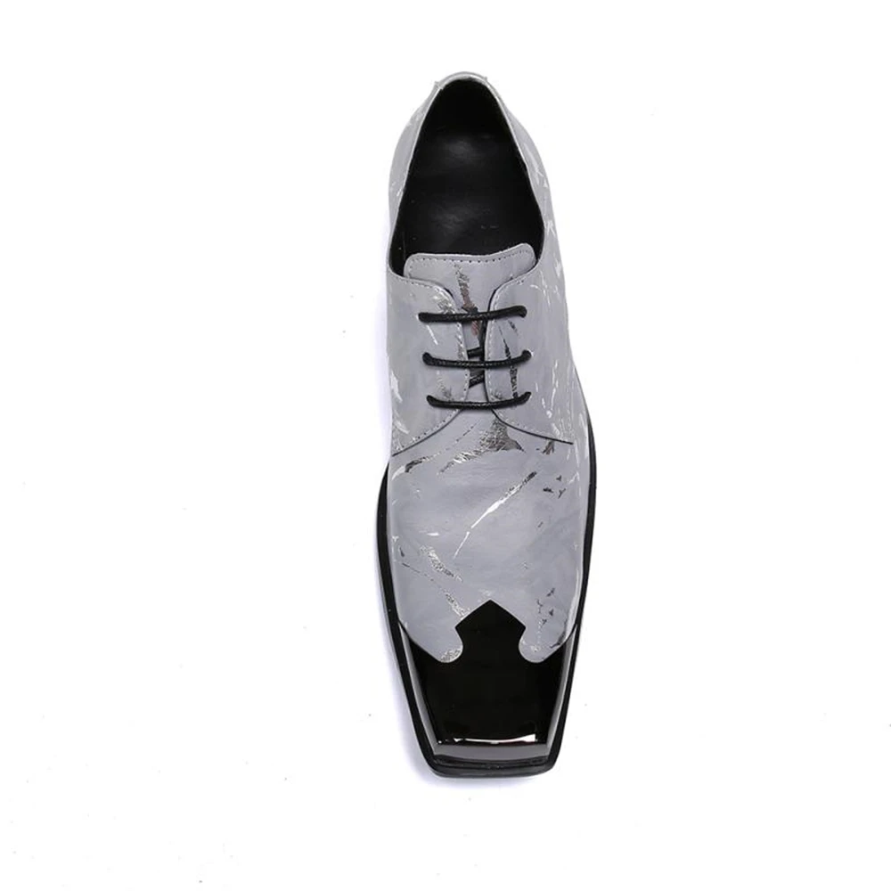 Gentleman Elegant Square Toe Grey Printed Lace-up High Heels Formal Wedding Party Man Leather Shoes