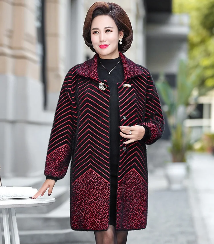 UHYTGF модная осенне-зимняя шерстяная куртка для мамы, качественное кашемировое пальто с имитацией норки, элегантное Полосатое пальто размера 4XL размера плюс 1002
