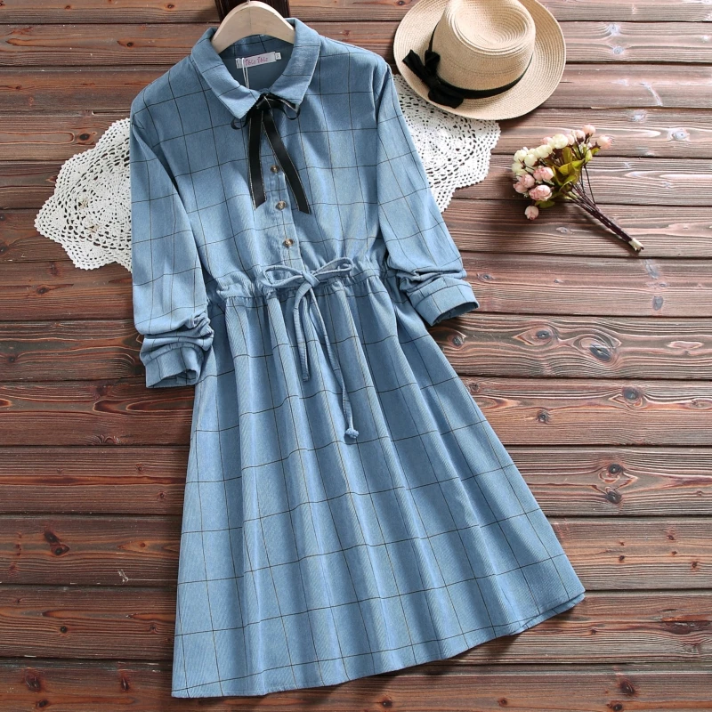 Baratos Mori chica moda mujer otoño primavera vestido bata Vintage vestido a cuadros Vestidos femeninos arco manga larga Mujer vestido de pana