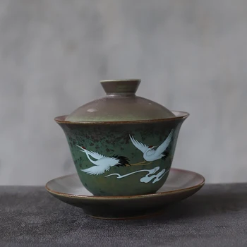 

LUWU green ceramic gaiwan teacup crane chinese tea sets drinkware 150ml