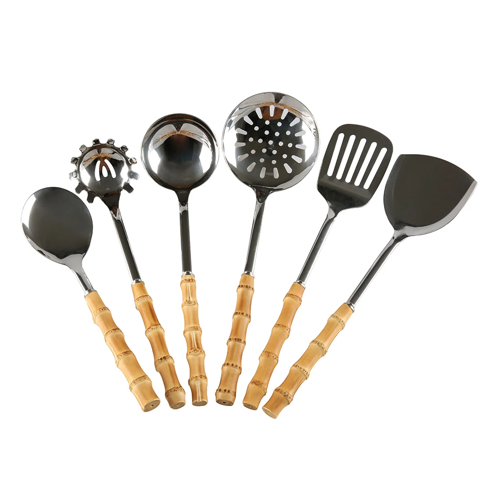 Kitchen Cooking Bamboo Wooden Handle Rice Serving Soup Scoop Ladle Slotted Spoon Shovel Turner Spatula Spaghetti Pasta Server