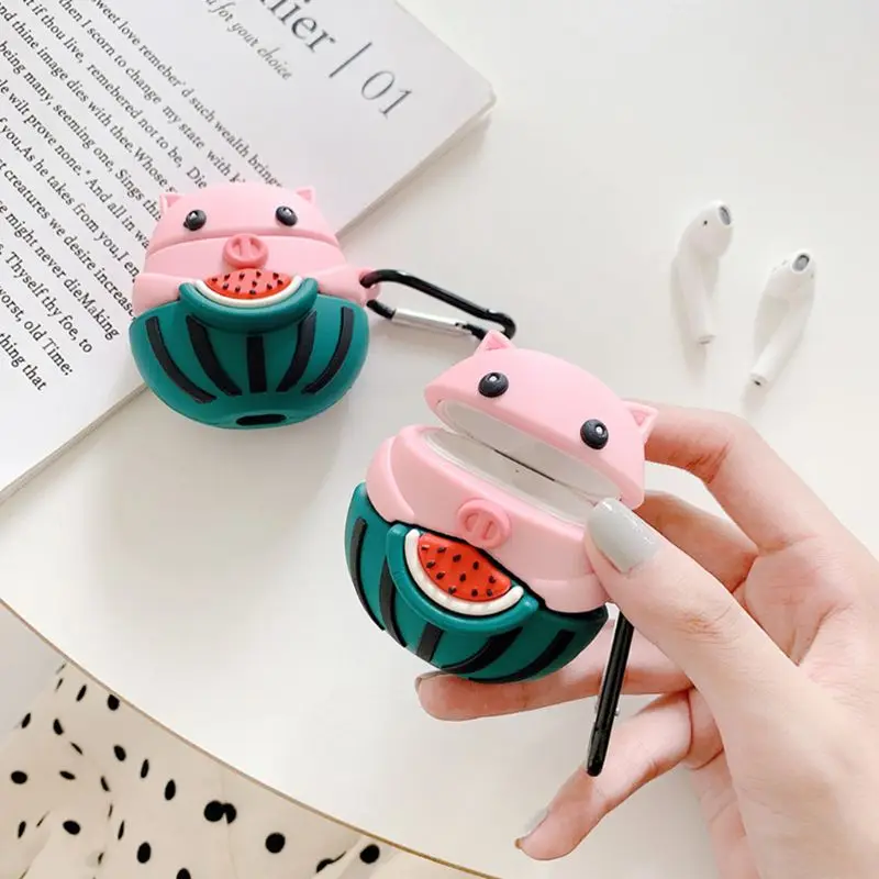 Watermelon Pig Pattern Protective Case Silicone Cover with Carabiner for AirPods for smart watch