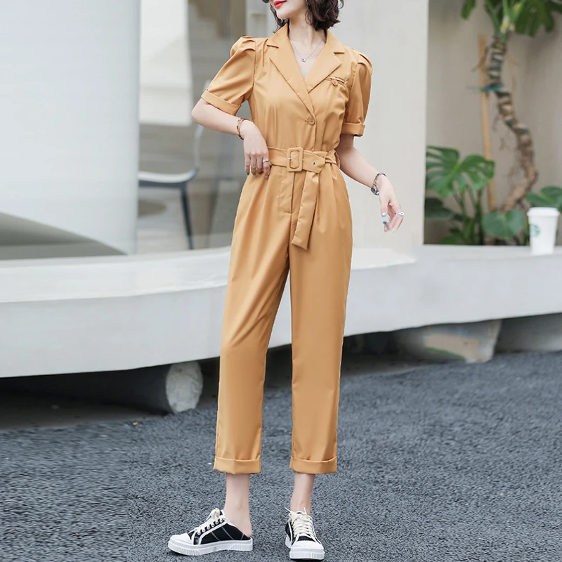 

Summer Women Casual Short Sleeve Cargo Pant Jsumpsuits Ladies Belt Bodysuit Wide Leg Loose Long Pants Trousers