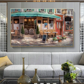 

Hand Made Oil Painting Corner Shop Wall Art Canvas Painting Hand Painted City Street View For Living Room Decoration No Framed