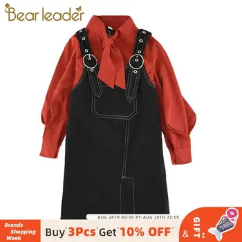 

Bear Leader Kids Girls Autumn Fashion Clothing Sets 2PCS Long Sleeve Tie T-Shirts and Solid Jeans Suspender Skirts Girls Outfits