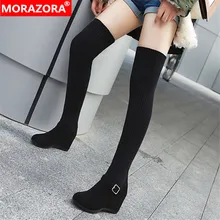 MORAZORA/Новое поступление года; сезон осень-зима; Сапоги выше колена; женская обувь на танкетке с пряжкой; пикантные модные эластичные женские сапоги