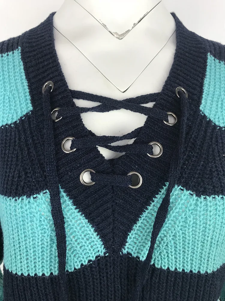2019 осенний и зимний свитер женский новый европейский и американский стиль с v-образным вырезом галстук контрастный цвет полосатый свитер