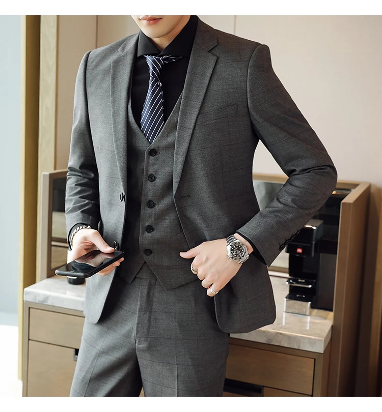 Пиджак+ жилет+ брюки) Лидирующий бренд, официальный деловой мужской костюм в клетку, костюм из трех предметов, свадебное платье, клетчатый костюм