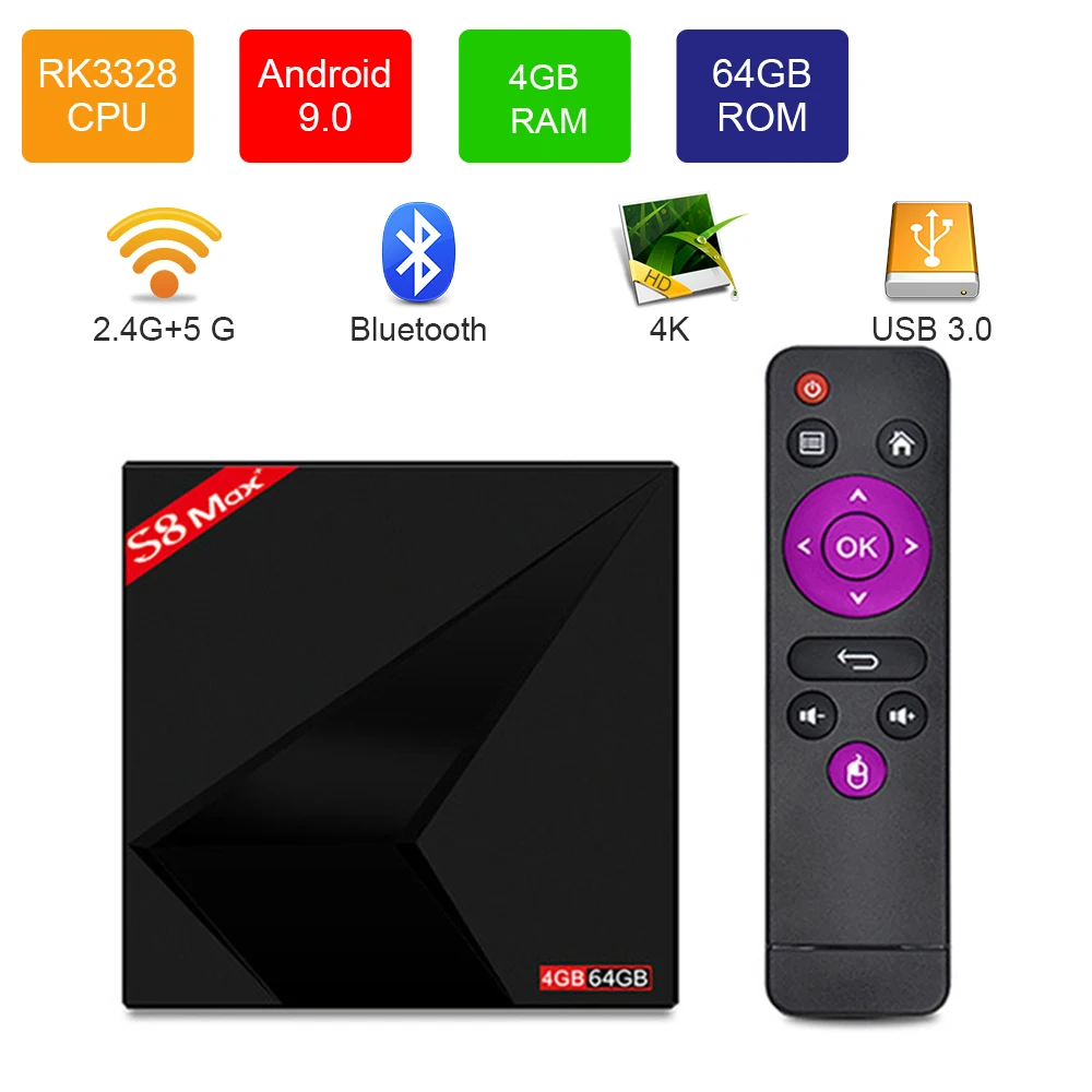 S8 Max Plus Android Smart TV Box RK3328 4GB RAM 64GB ROM 5G WIFI bluetooth 4.0 Android 9.0 4K Set-Top-Box Media Player S8 Max Plus Android Smart TV Box RK3328 4GB RAM 64GB ROM 5G WIFI bluetooth 4.0 Android 9.0 4K Set-Top-Box Media Player