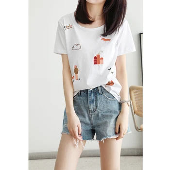

2020 Spring /Summer Women's T-shirt Embroidered Pattern Bright Woven Loose Round Neck Women T-shirt Shirt