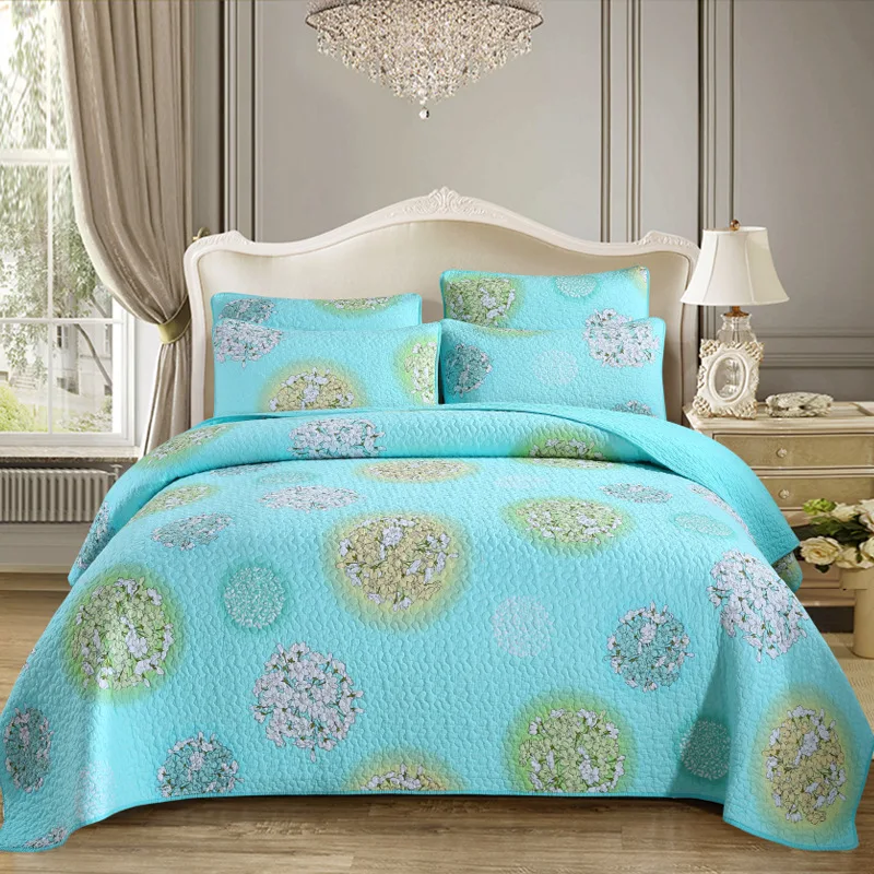 Chausub Blue Print Quilt Set 3pcs Quilted Bedspread Washed Cotton