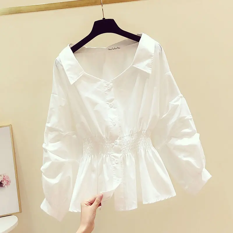 Elegant Off shoulder Top Long sleeve Tunic Blouses Women Button Up White Shirt Turn down Collar Casual