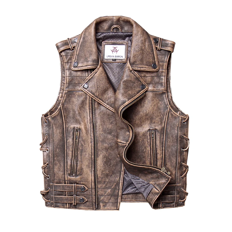 

2019 Genuine Leather Vest Cowhide Motorcycle Vest Vintage Biker Waistcoat Sleeveless Jackets for Male