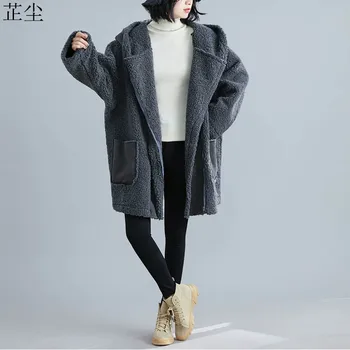 

Plus Size Lamb Wool Coat Female Winter Hooded Korean Loose Sheep Hair Velvet Fur Coat Jacket Women Streetwear Cardigan Coat 2019