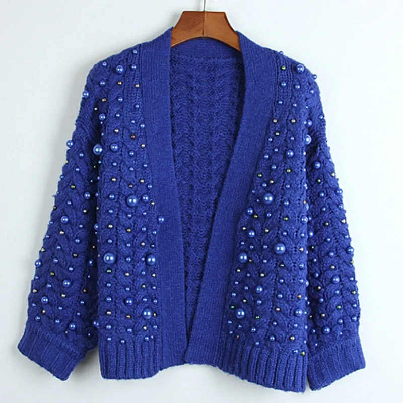 

Women Blue Sweaters Autumn Winter Knit Cardigans Pearls Diamonds Beading V-neck Knitting Cardigan Long Sleeve Outerwear Sweater