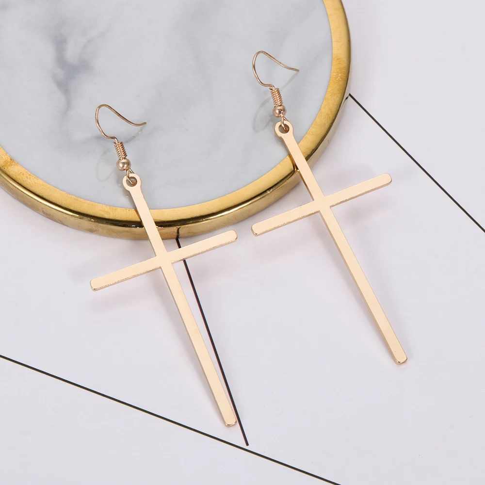 Ethnic Big Cross Long Earrings For Women Gold Color Drop Earrings Jewelry Bijoux Ethnique Femmes Punk Cross Earring