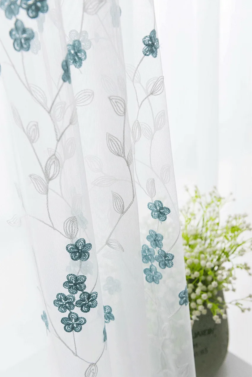 Синие занавески с цветами из прозрачной ткани для гостиной, с вышивкой на окна, вуаль, тюль, занавеска, сплошная драпировка, деревенские жалюзи M148#30