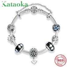 Новинка, 925 пробы, серебряные бусины в виде якоря, браслеты, браслеты, цветное стекло и Клипсы из циркония, бусины, Шарм для женщин, ювелирный браслет