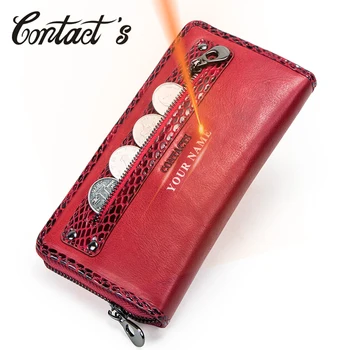 

Contact's Free Engraving Zipper Around Wallet Women Genuine Leather Clutch Wallets Female Long Purse Card Holder Fashion Cartera
