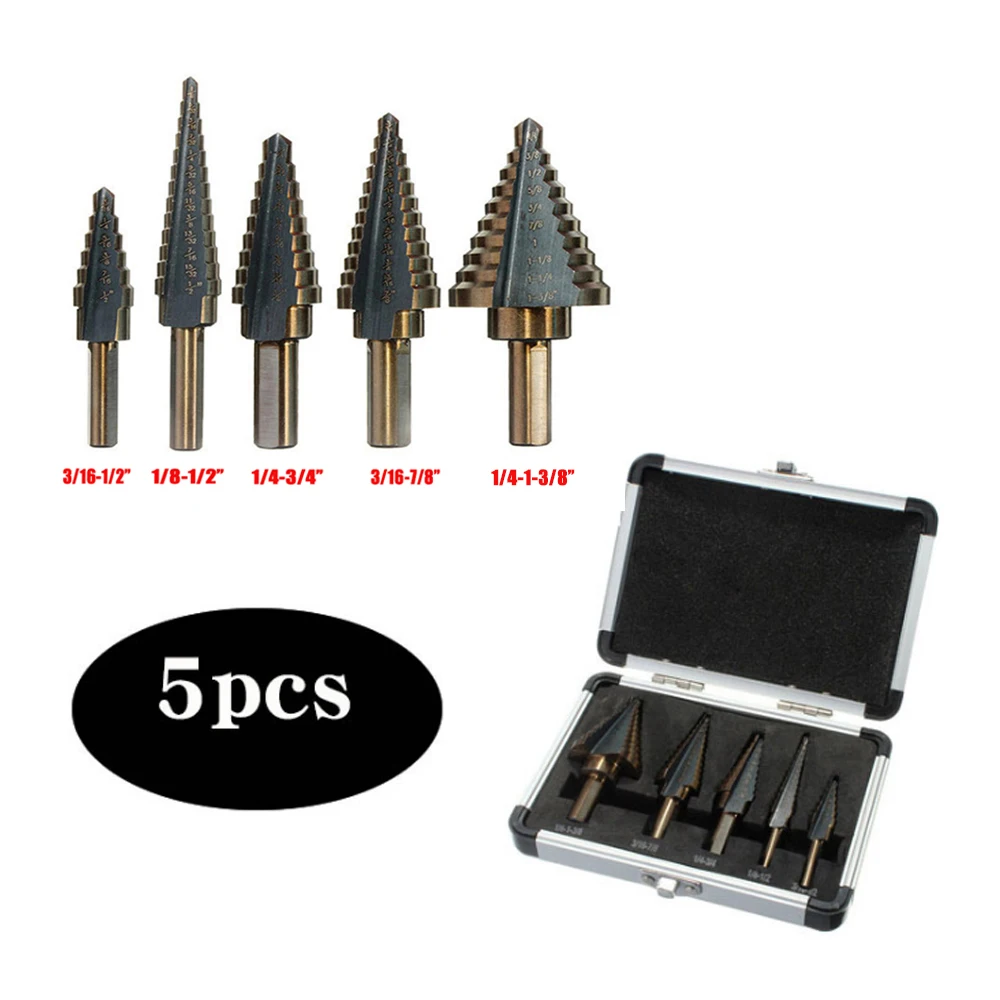 5PCS HSS Steel Plate Puncher Cone Drill Hole Bits Drill Set Tool+Aluminum Box 