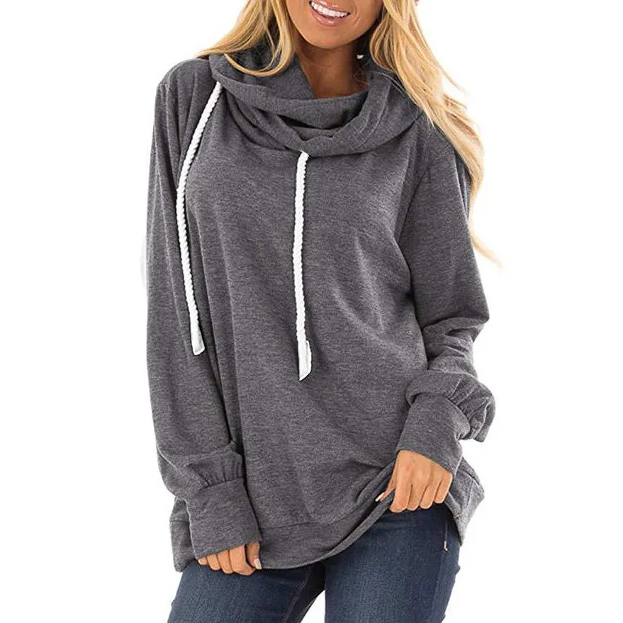 Loose Women Hooded Pullover Autumn Solid Drawstring Sweatshirt Hoodies ...