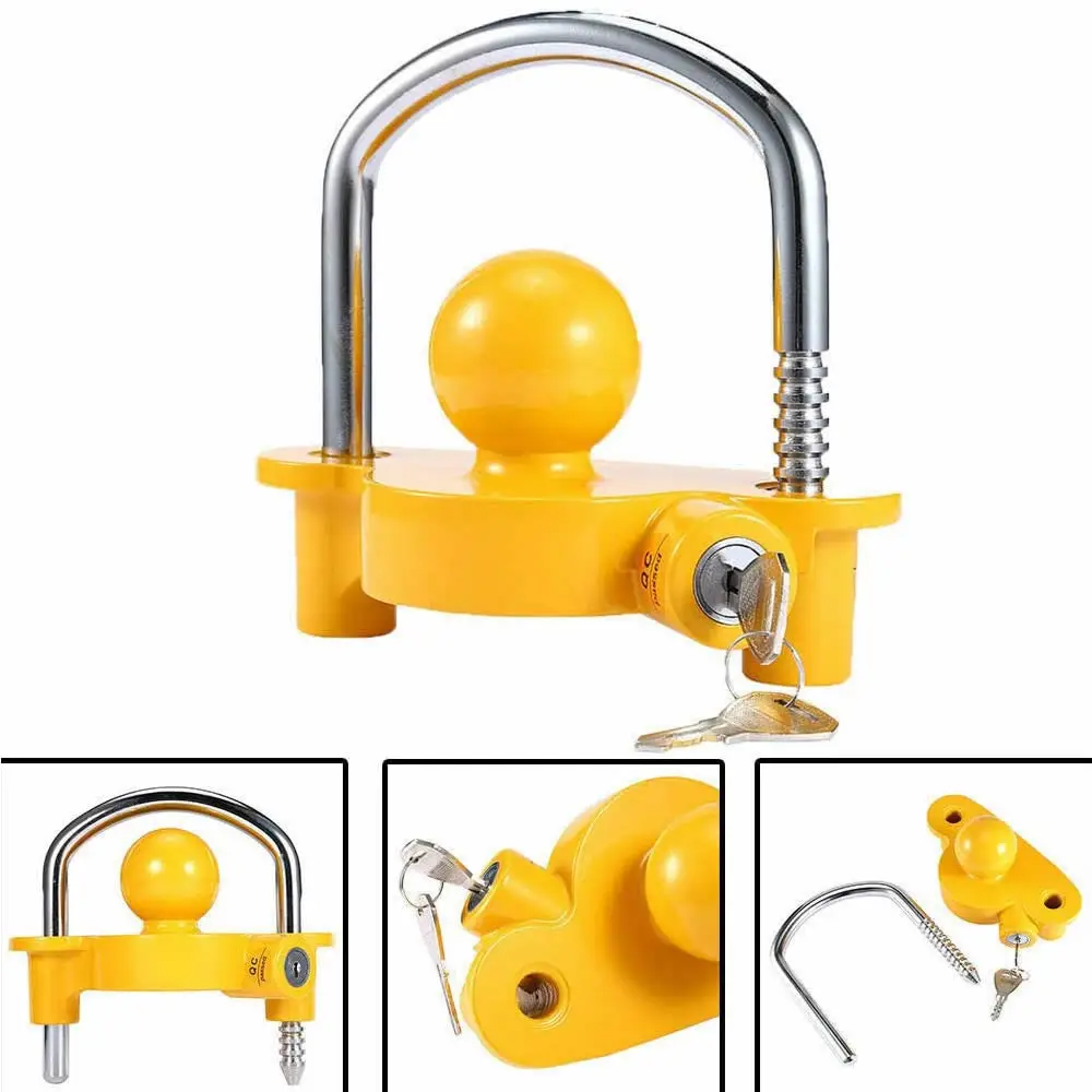 

Trailer Hitch Lock with 2 Keys Fits 1-7/8", 2" and 2-5/16" Adjustable Storage Security Heavy-Duty Steel Yellow and Chrome