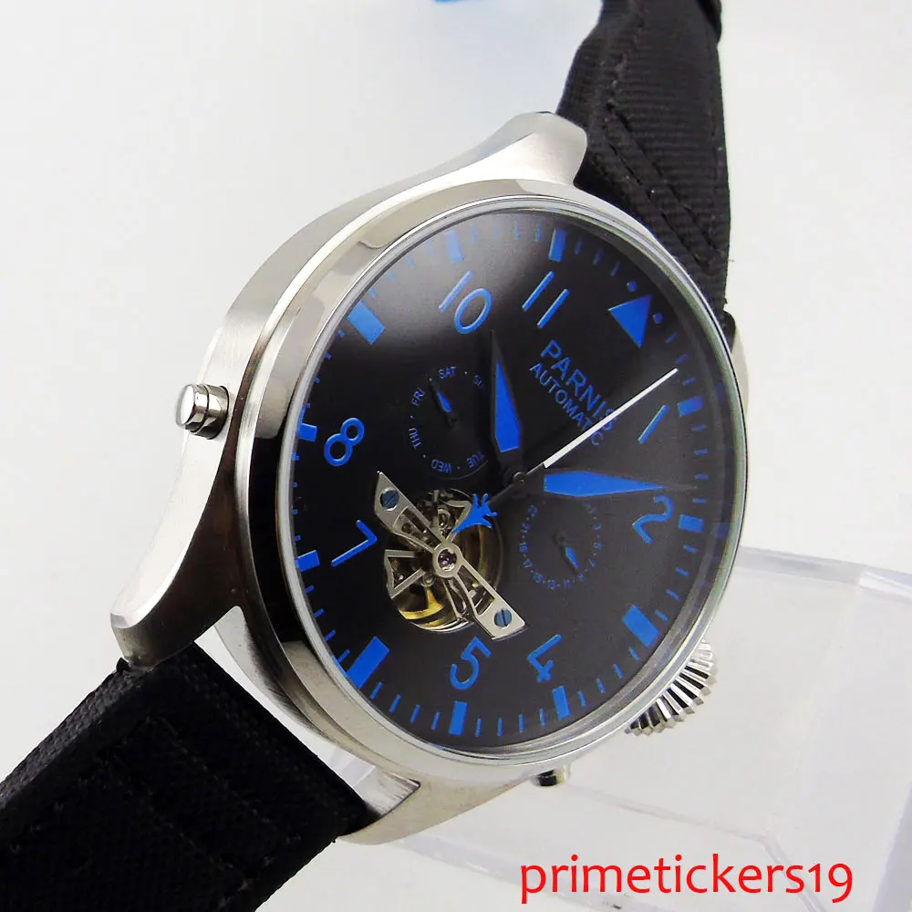 

47mm parnis black dial blue marks date week automatic mens watch
