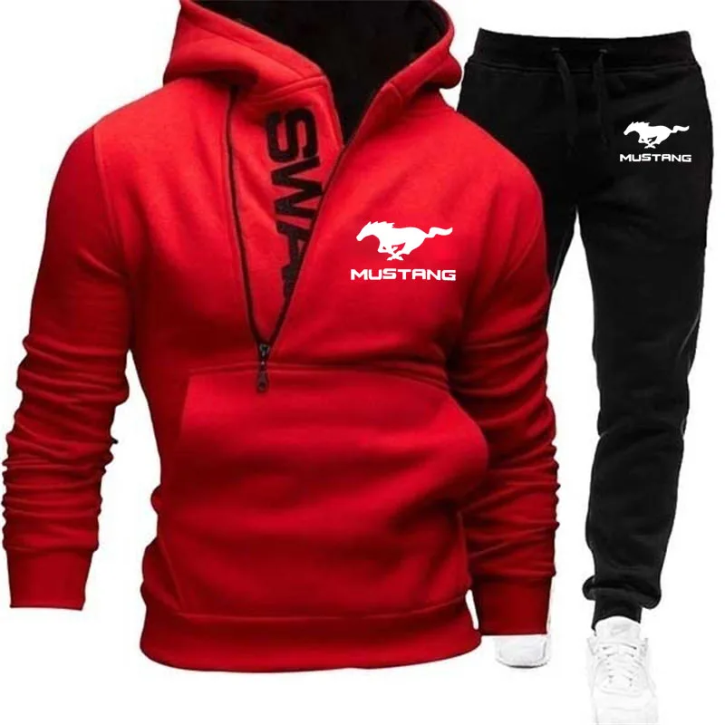 

High quality Fashion Men's Hoodie Ford Mustang car logo print Autumn winter Men's pullover+pants casual sports Men's 2-piece set