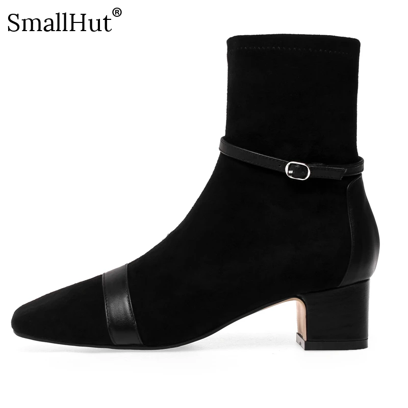 

High Heel Ankle Boots Genuine Leather Women Autumn Ladies Square Heel E186 Elegant Woman Black Apricot Square Toe Short Boots