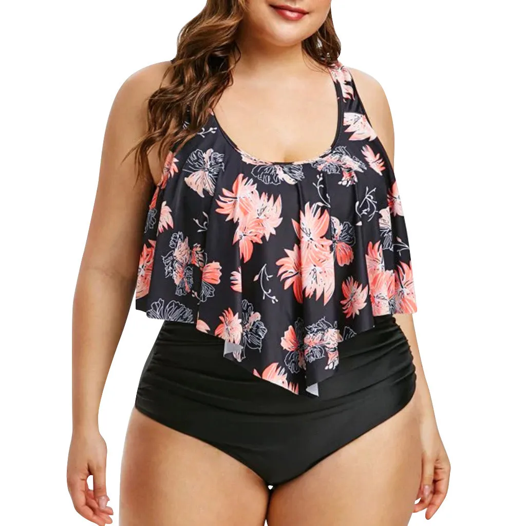Women's large size sexy print ruffled solid bikini set beachwear one-piece swimsuit with push-up set#gh |
