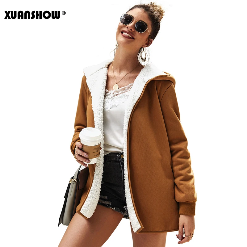 

XUANSHOW 2019 Winter Women Coats Outerwear Solid Color Keep Warm Medium Length Long Sleeve Pullover Jacket Coat Casual Hoodies