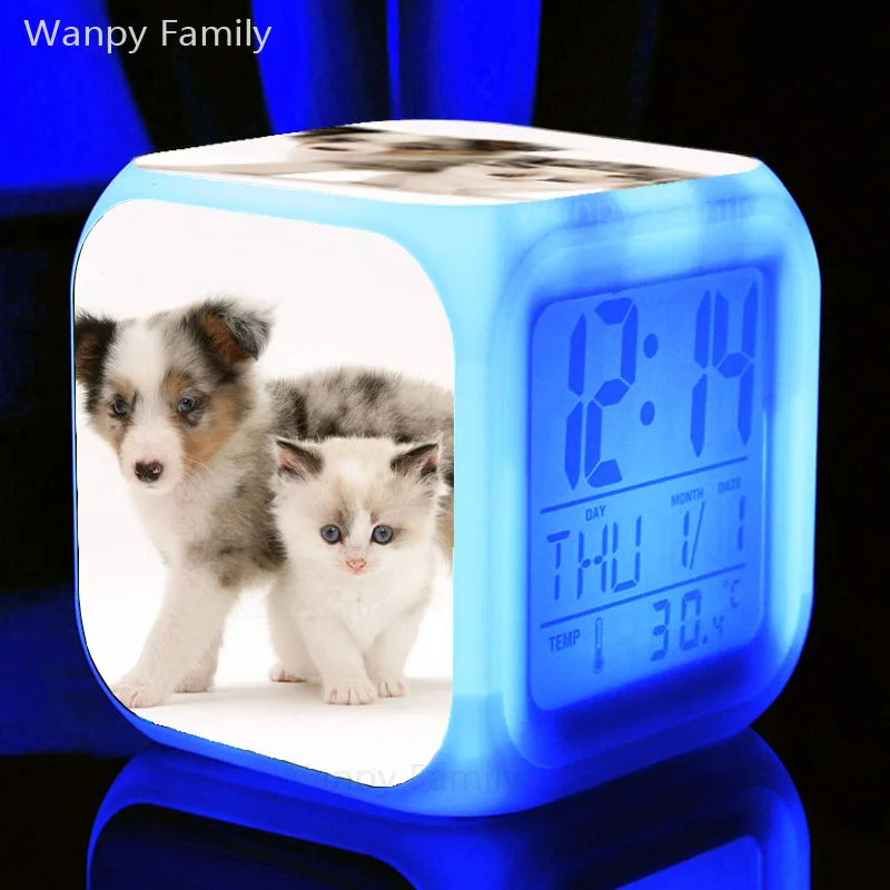 Будильник с кошкой и мышкой, 7 цветов, светящийся светодиодный цифровой детский будильник с большим экраном, многофункциональные сенсорные часы - Цвет: Шоколад