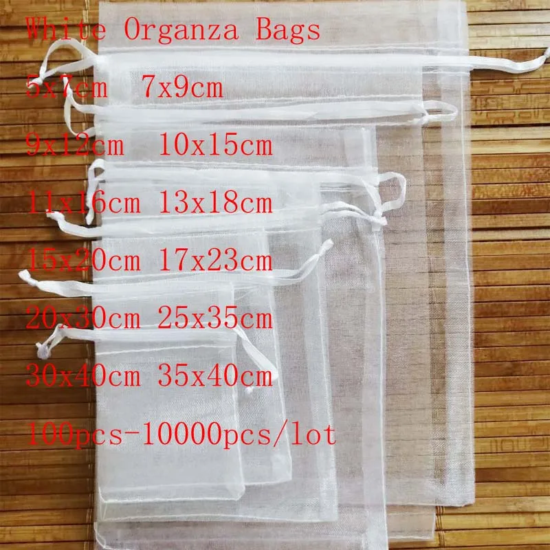 Venta al por mayor, 100 unids/lote, bolsas blancas de Organza con cordón y bolsas pequeñas, bolsas para paquete de joyería, bolsas de regalo para embalaje de boda y Navidad - AliExprs