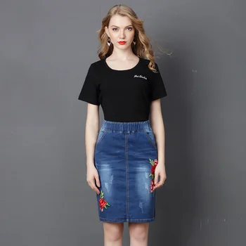 

Woman Blue Embroidery Floral Jean Skirts Elasticity Waist Knee-length Skirts