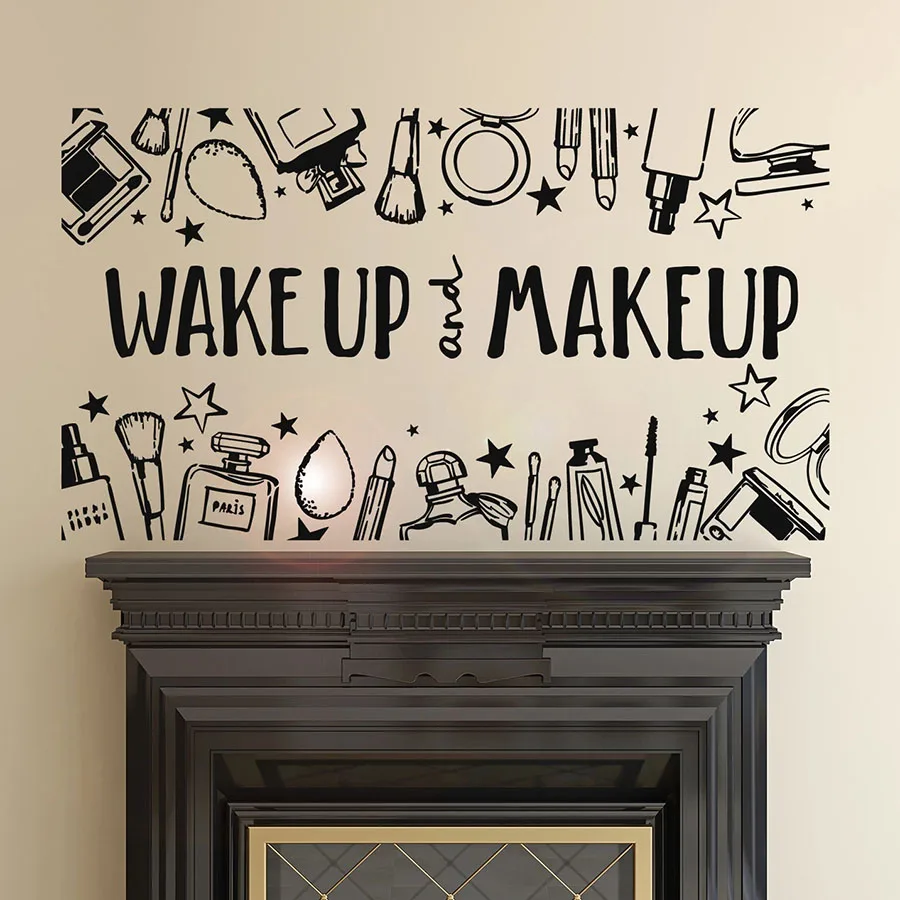 Наклейка на стену с надписью Wake Up And Makeup beauty Products виниловые наклейки для салона