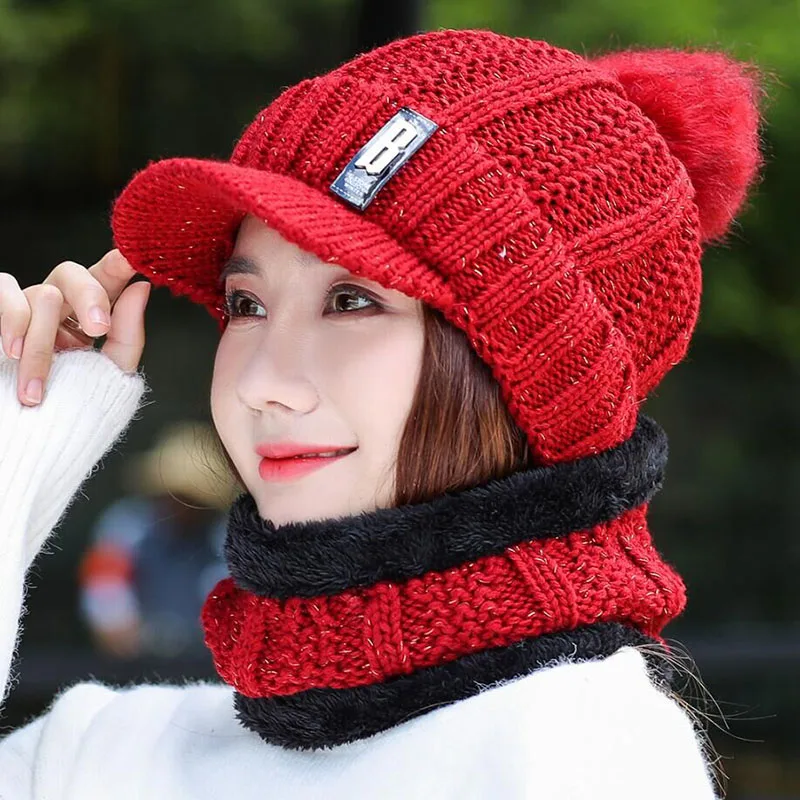SUOGRY козырек B буквы вязаная шапка женская брендовая Высококачественная зимняя женская Лыжная шапка с кроличьим мехом помпоны шапки вязаный шарф