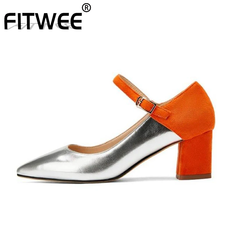 

FITWEE Size 33-43 Women Pumps Shoes Patchwork Mixed Color Buckle Shoes Women Fashion Pointed Head Thick High Heels Footwear