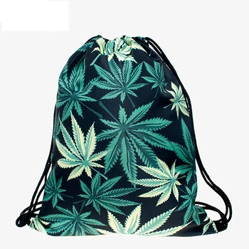 

Hemp leaves backpack drawstring BAGS drawstring fashion 3D printing softback bags Women's shoulder bag knapsack women Femtie new