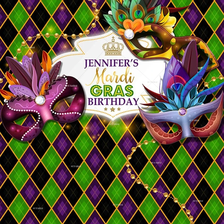 Mardi Gras Party Masquerade Ball Backdrop Fiesta Purple Green Lattice