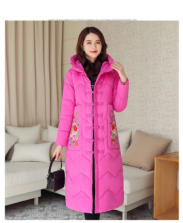 Китайский стиль Вышивка Длинные пуховики женские однотонные Цветочные Плюс размер с капюшоном парка пальто женские толстые теплые свободные зимние пиджаки
