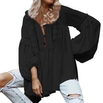 

Plus Size Celmia Women Lantern Sleeve White Blouses Hollow Out Tunic Tops Solid Loose Casual Shirts Long Sleeve Blusas Feminina