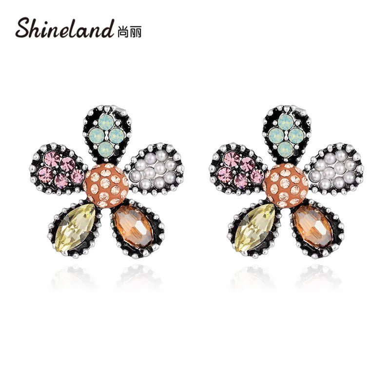 

Shineland Bohemain Flower Colorful CZ Zircon Simulated Pearl Stud Earrings pendientes oorbellen boucle d'oreille Ethnic Women